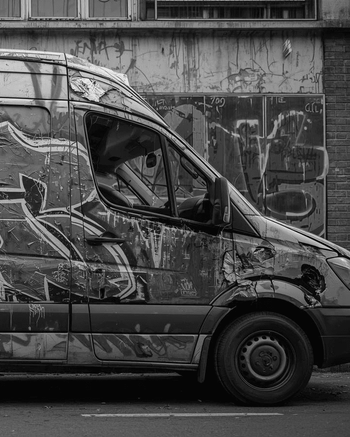 removal van in black and white with graffiti. removals lincoln house clearance rage room smash palace